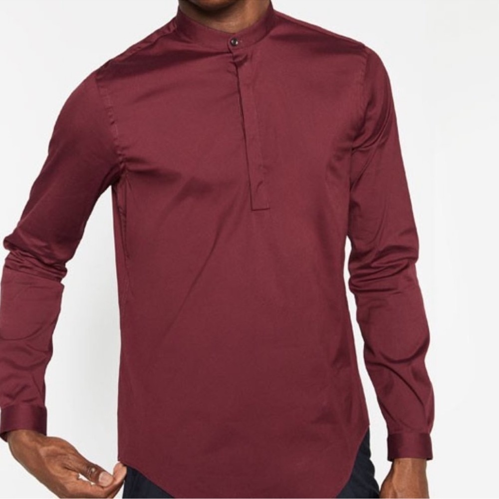 Zara Men Burgundy Maroon Dressy Half Button Long Sleeve Dress Shirt XL